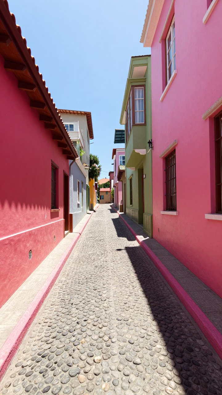 Sunlit Alleyway in Valparaiso at The Flat Glare Of Noon Light in in Valparaiso, Chile