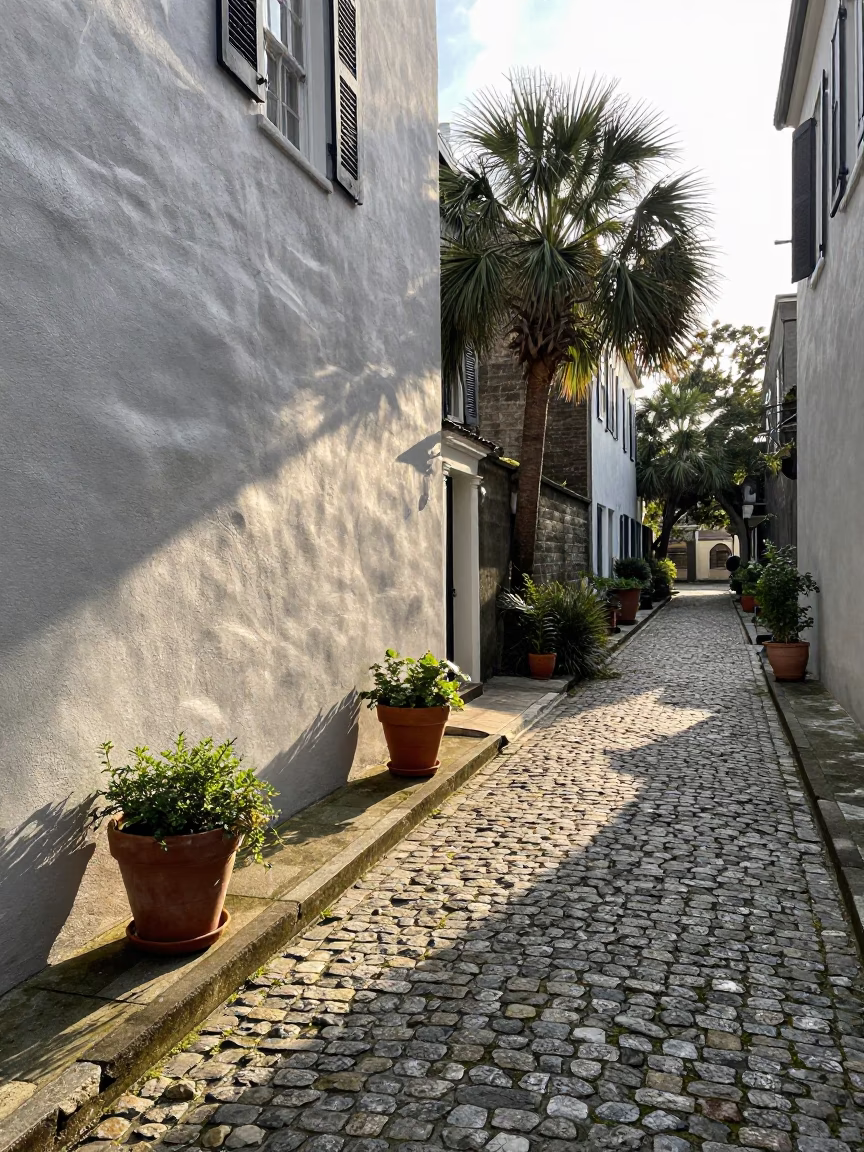 Sunlit Alleyway just after sunrise in Charleston in in Charleston, South Carolina, United States