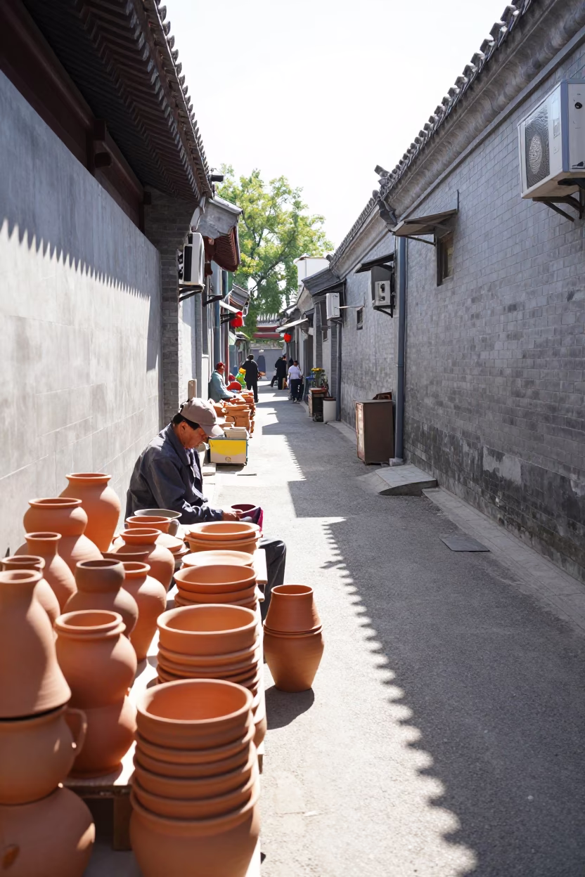 Sunlit Alleyway Scene in Beijing China with Stacked Pottery Wares and Traditional Architecture in in Beijing, China