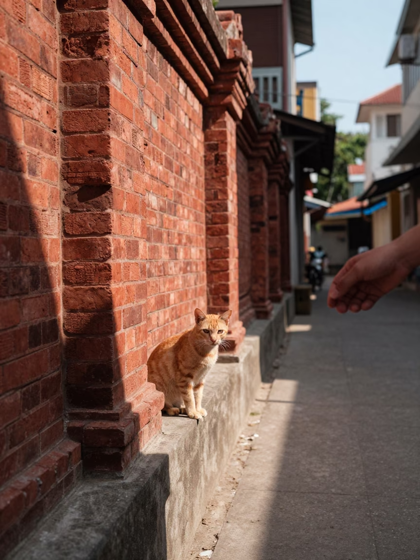 Sunlit alleyway scene with ginger cat and hand broom in Phnom Penh in in Phnom Penh, Cambodia