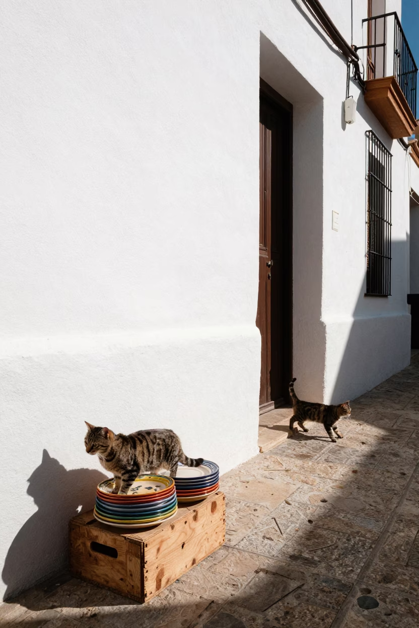 Sunlit Alleyway Scene with Stacked Plates and Tabby Cat in Seville in in Seville, Spain