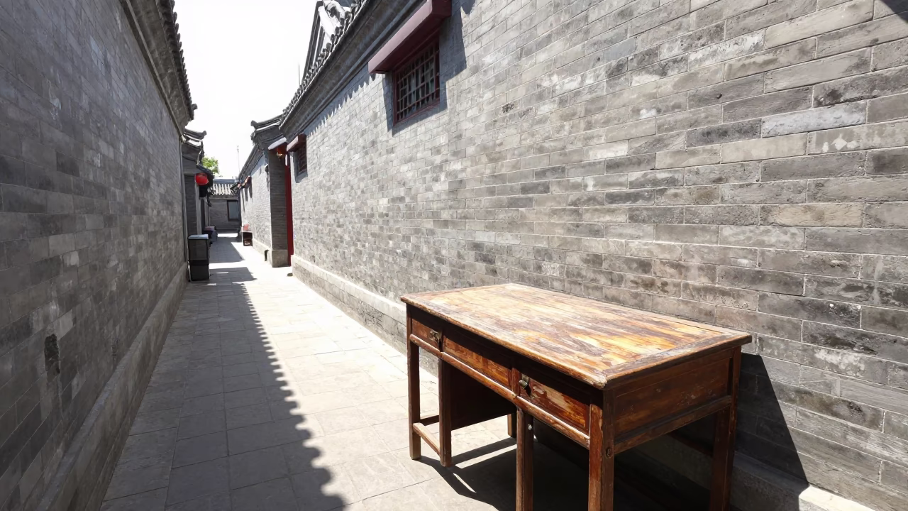 Sunlit Alleyway Scene with Worn Wooden Desk and Echeveria in Beijing Morning Light in in Beijing, China
