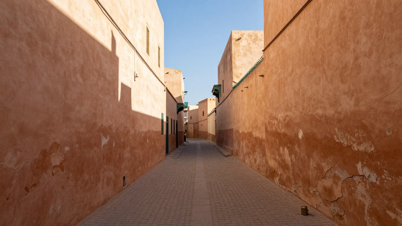 Sunlit alleyway with cracked stucco and tea tin in Fez Morocco in in Fez, Morocco