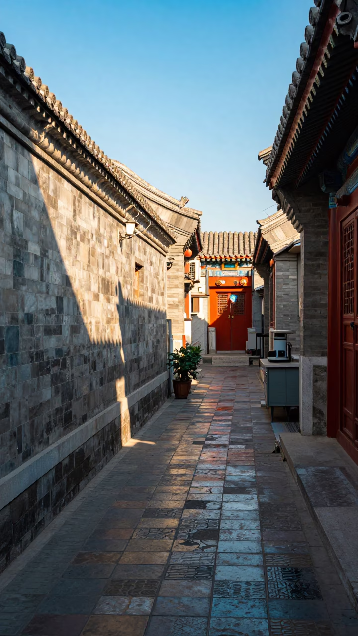 Sunlit Alleyway with Stone Wall and Traditional Kitchen Stool in Beijing in in Beijing, China