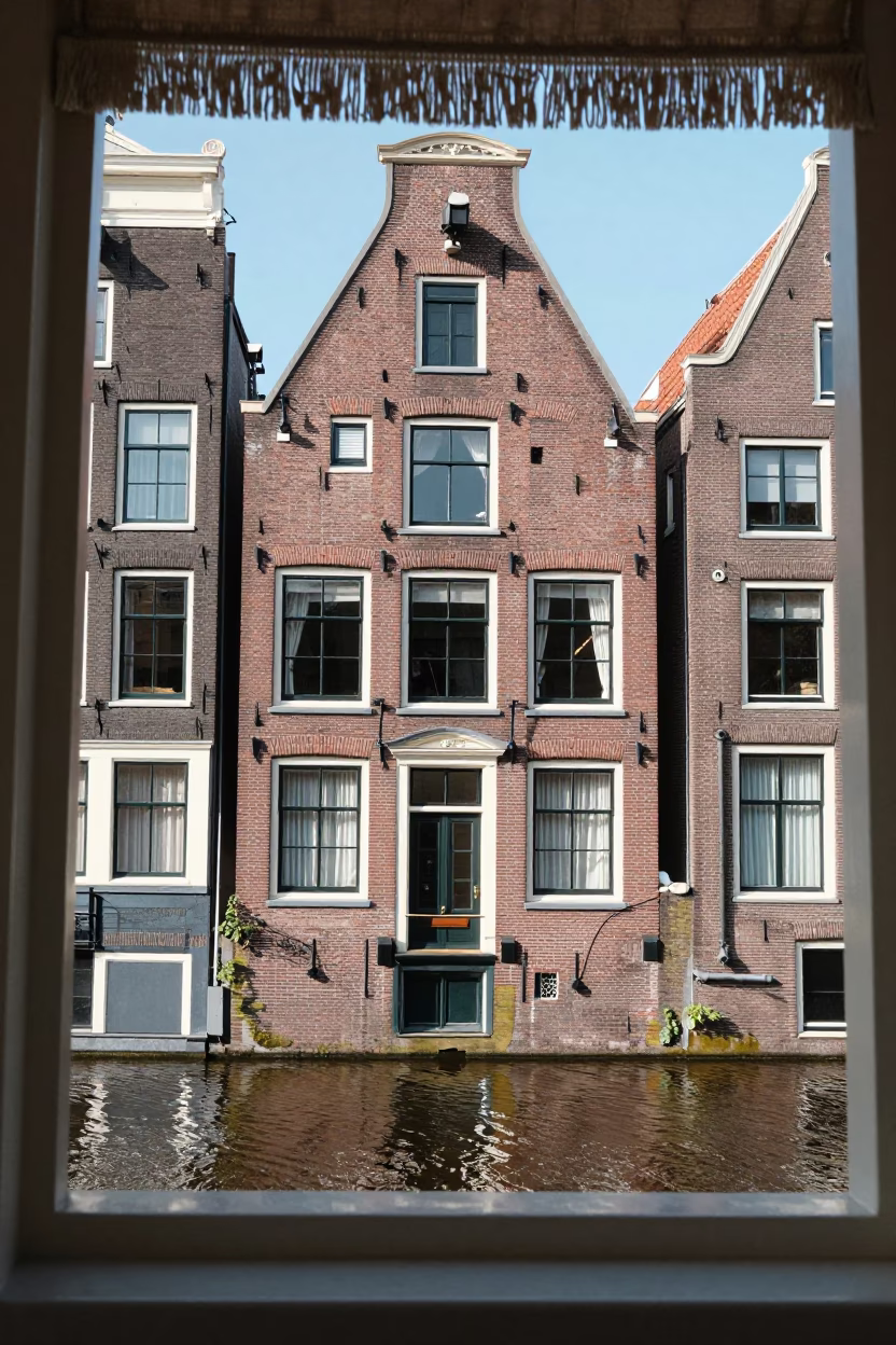 Sunlit Amsterdam Canal House Facade with Linen Fringe Doorframe and Towel Hook in in Amsterdam, Netherlands