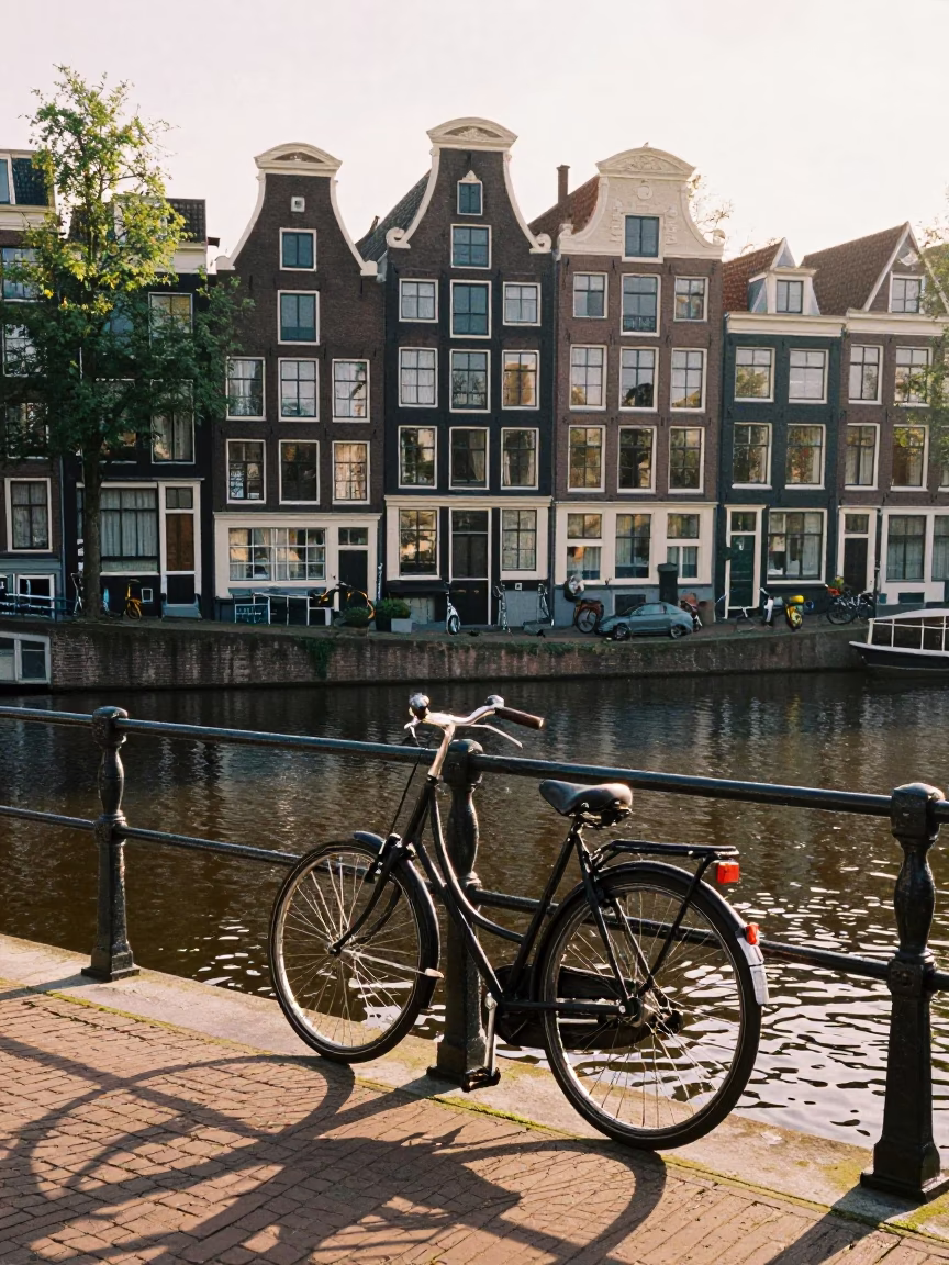 Sunlit Amsterdam Canal Scene with Vintage Bicycle and Water Reflections at Sunrise in in Amsterdam, Netherlands