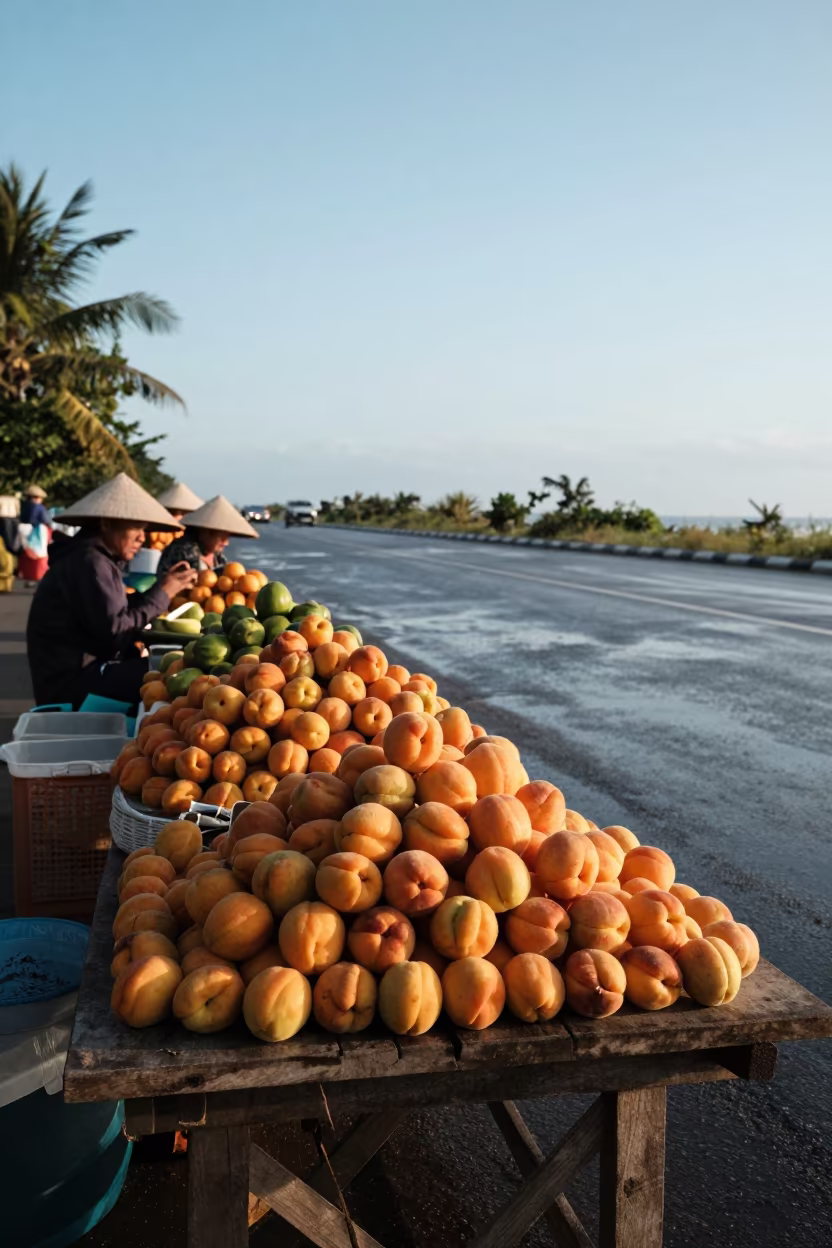 Sunlit Apricots at Da Nang Roadside Stall in at a roadside fruit stand in Da Nang