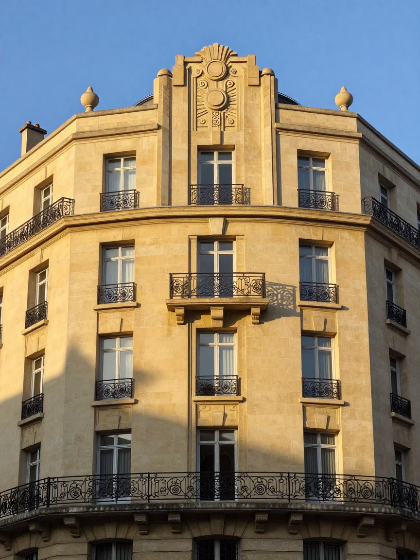 Sunlit Art Deco Hotel Facade in Lyon France Morning Light in in Lyon, France