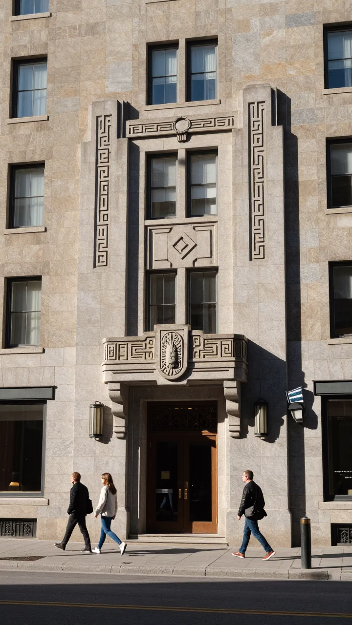 Sunlit Art Deco Hotel Facade in Quebec City with Street Pedestrians in in Quebec City, Quebec, Canada