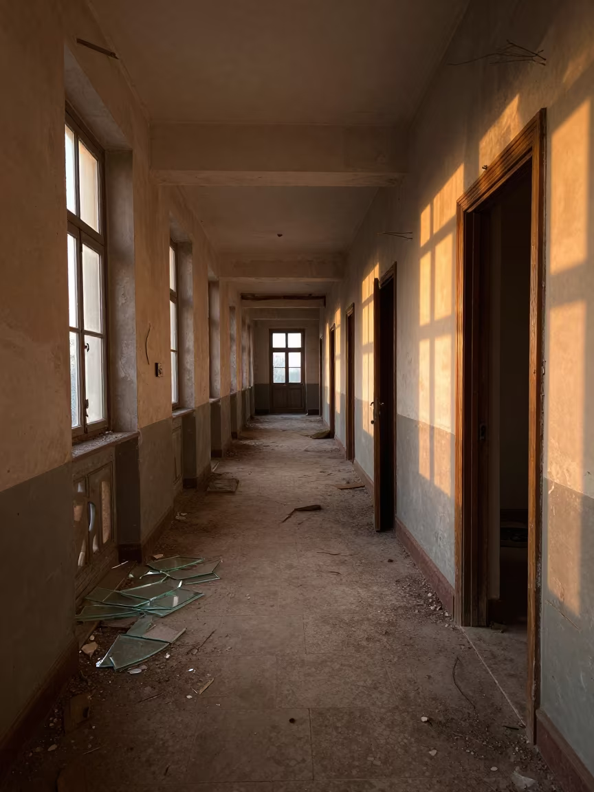 Sunlit Asylum Corridor with Open Doors in Burgundy in along a ward corridor with broken glass and falling plaster in Burgundy