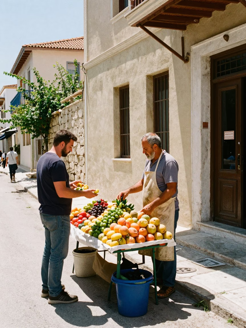 Sunlit Athenian Street Scene with Fruit Vendor and Traditional Attire in in Athens, Greece