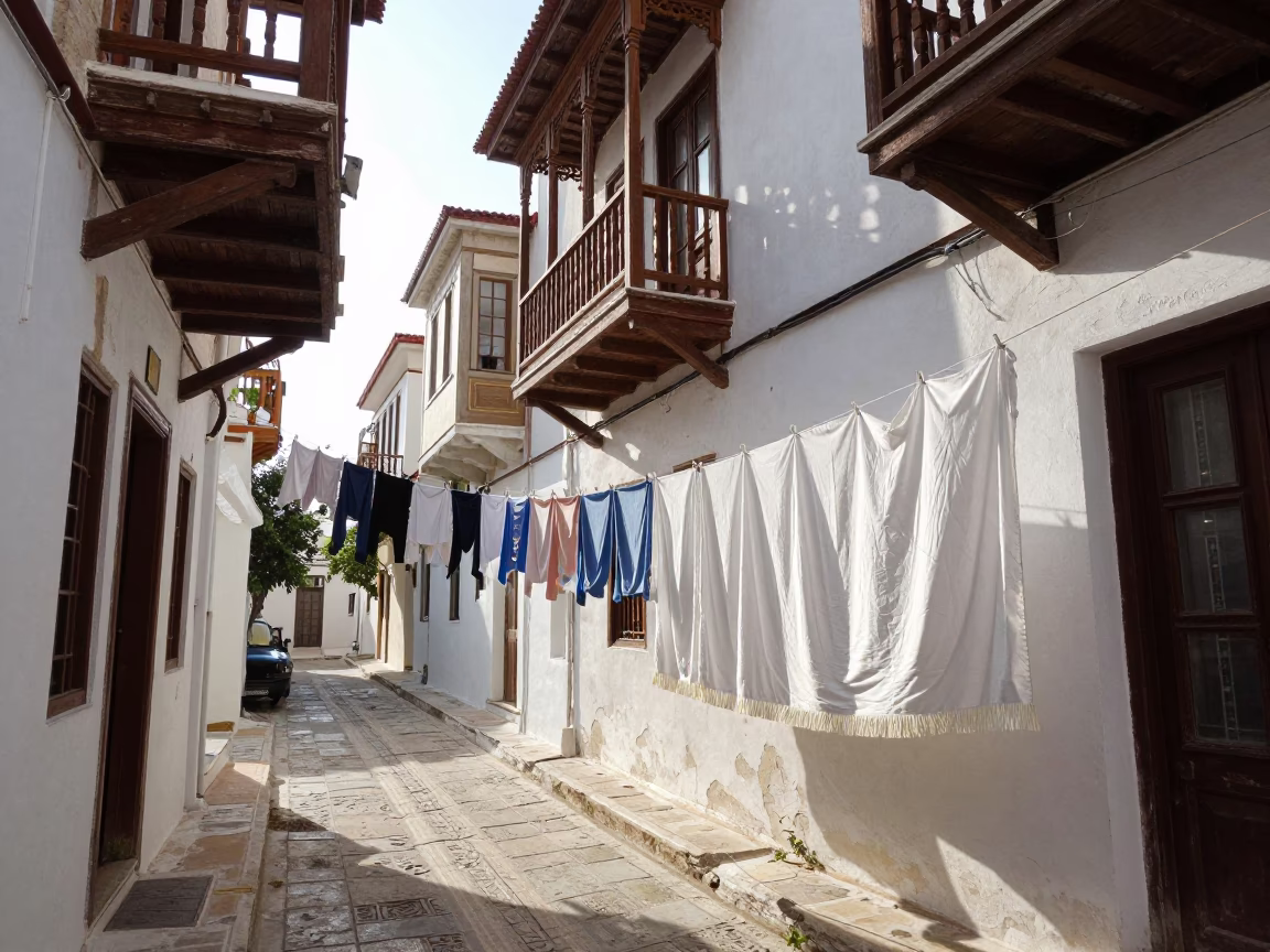 Sunlit Athens Alleyway with Laundry and Vintage Details in Early Afternoon in in Athens, Greece