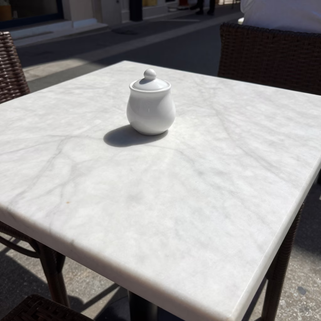 Sunlit Athens Cafe Table with White Sugar Jar and Potted Succulents Under Noon Glare in in Athens, Greece