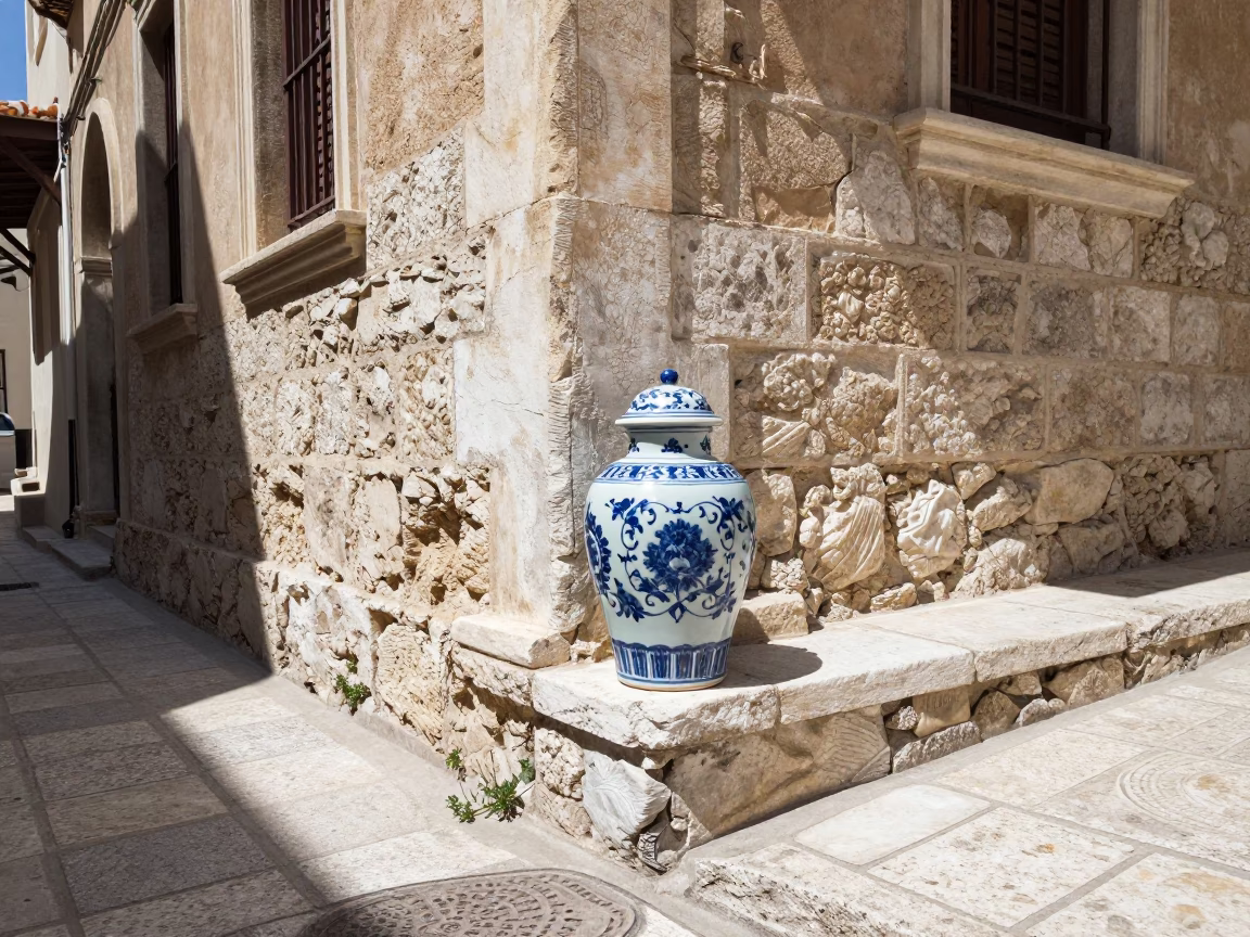 Sunlit Athens Street Corner with Blue and White Porcelain Jar and Potted Plants in in Athens, Greece