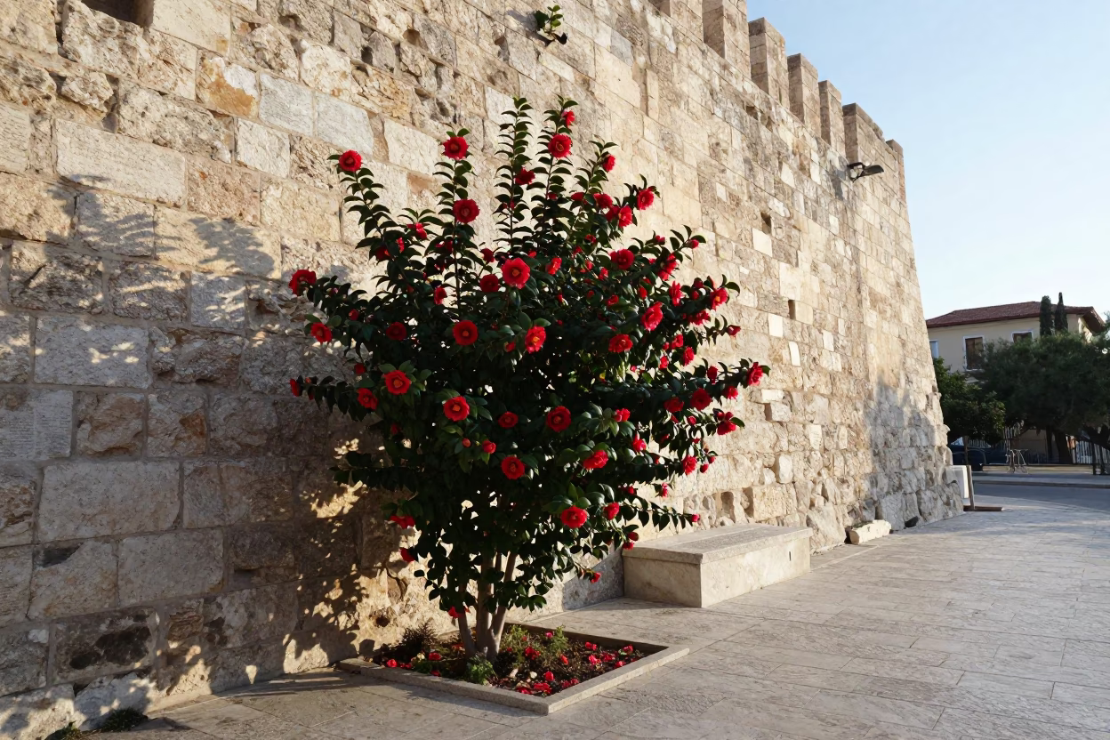 Sunlit Athens Street Corner with Red Camellia Bush and Hand Broom Near Marble Architecture in in Athens, Greece