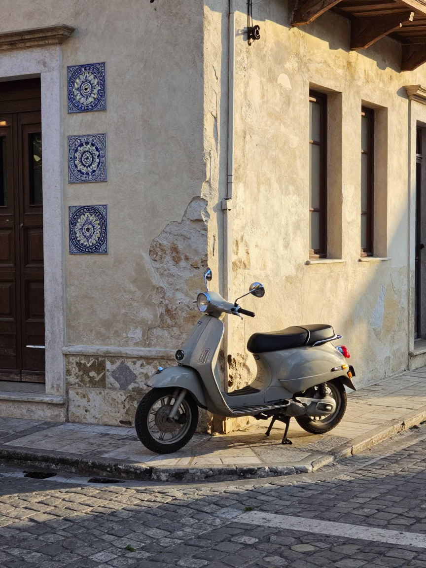 Sunlit Athens Street Corner with Vintage Motorcycle and Majolica Plates in in Athens, Greece
