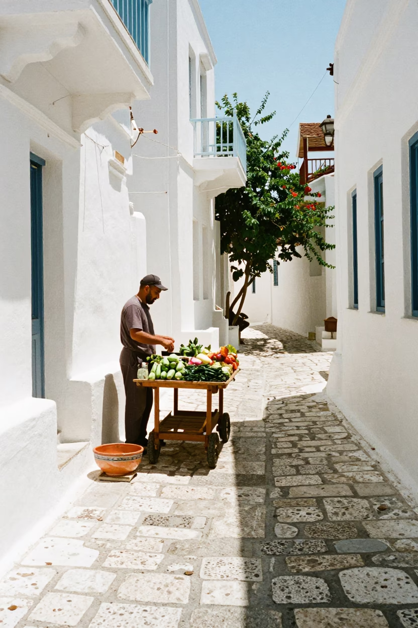 Sunlit Athens Street Scene with Ceramic Bowl and Glass Jar in in Athens, Greece