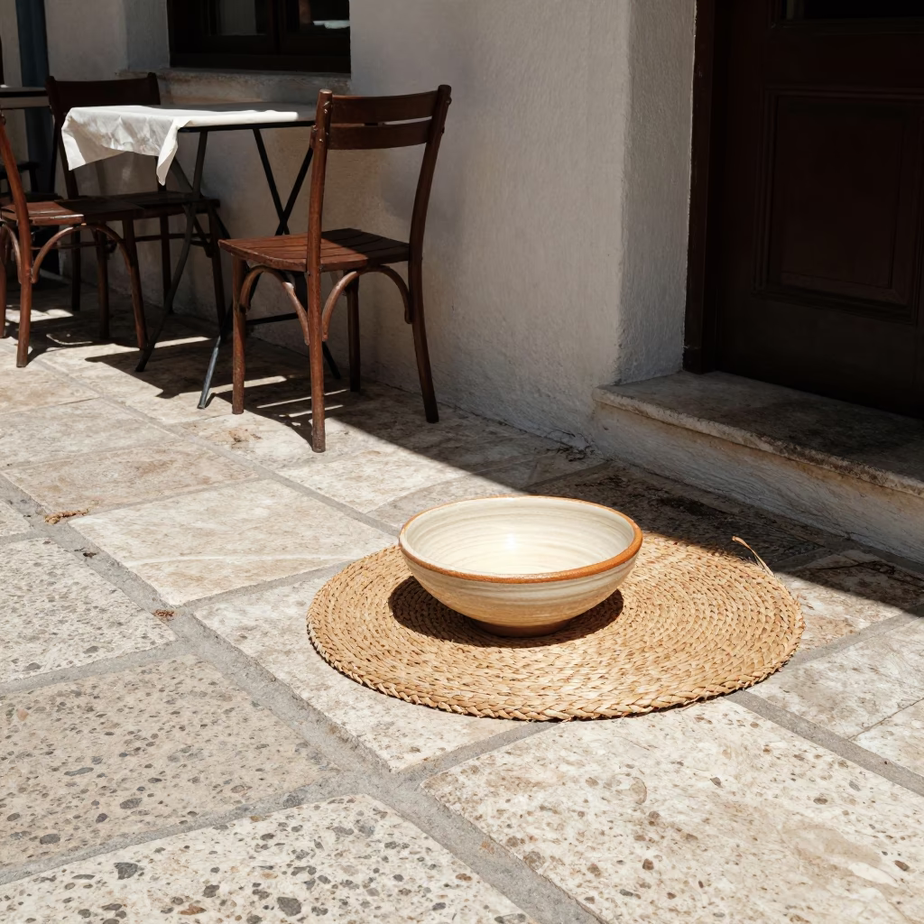 Sunlit Athens Street Scene with Ceramic Bowl and Woven Mat at Midday in in Athens, Greece