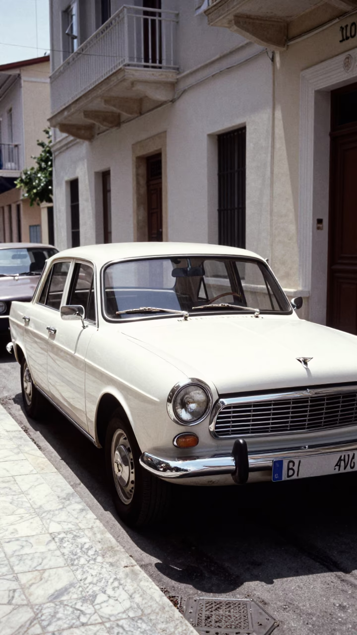 Sunlit Athens Street Scene with Classic Car and Marble Columns at Noon in in Athens, Greece