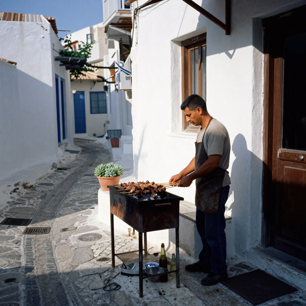 Sunlit Athens Street Scene with Kebab Grilling and Succulents in in Athens, Greece
