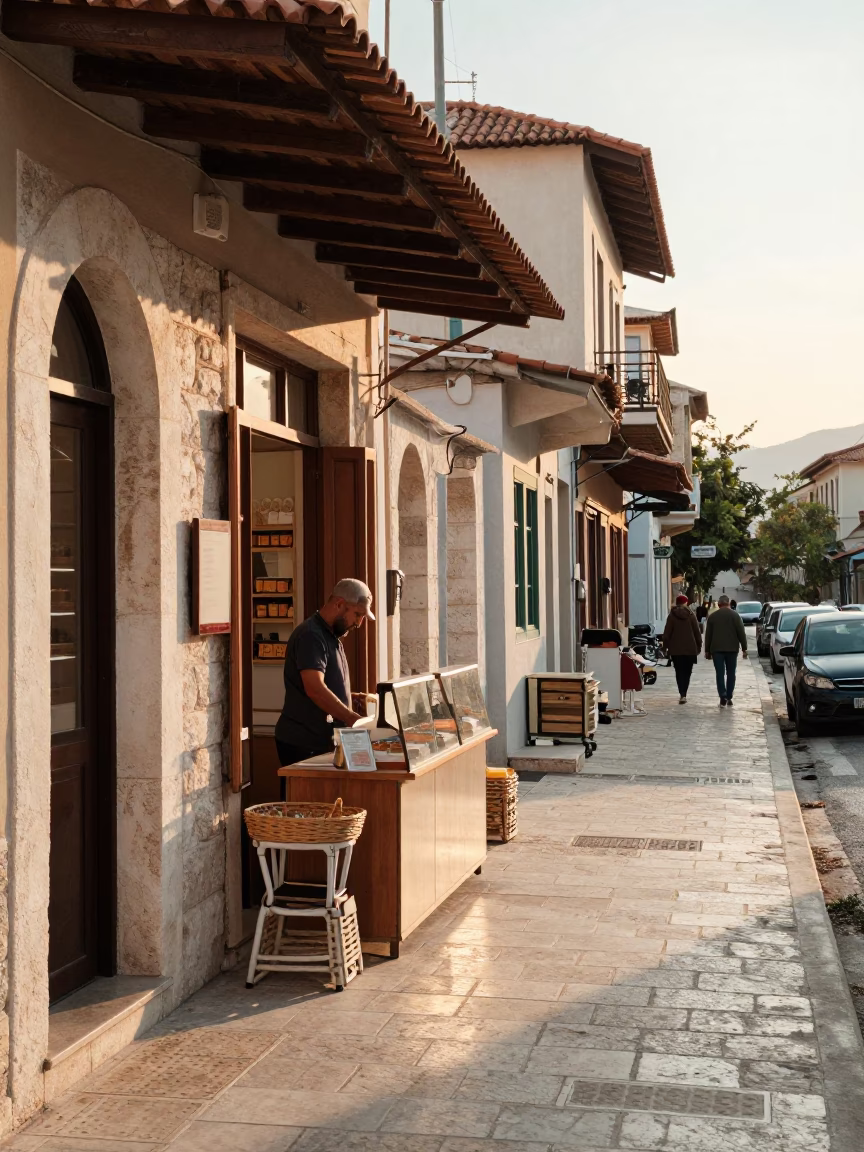 Sunlit Athens Street Scene with Local Shopkeeper and Morning Light in in Athens, Greece