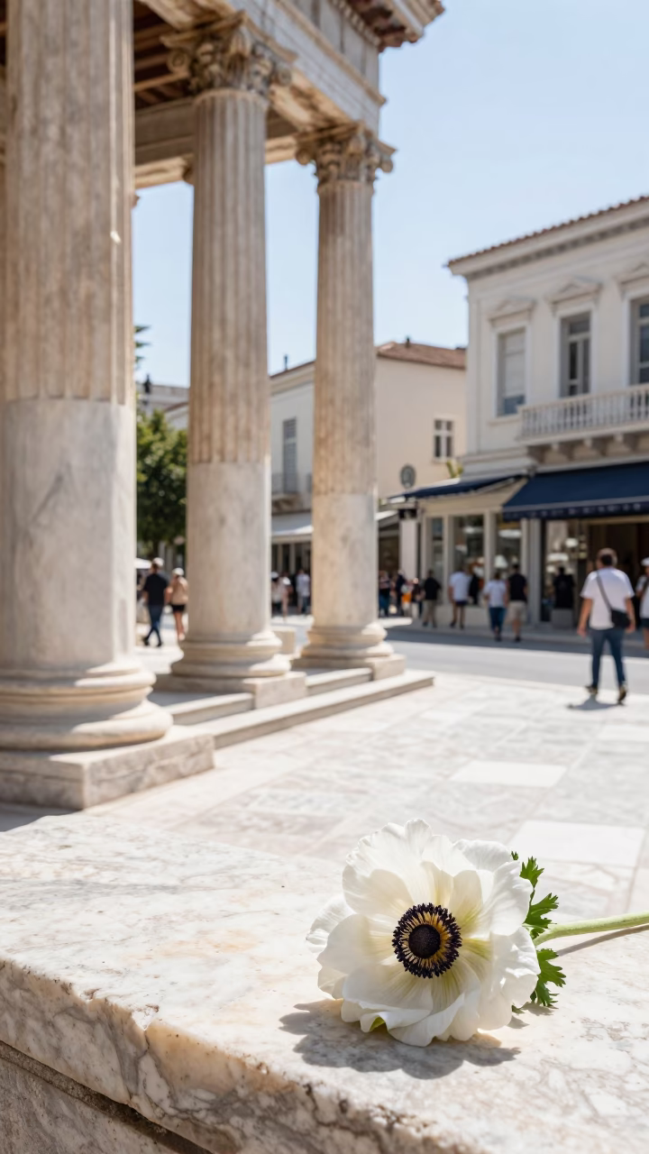 Sunlit Athens Street Scene with Marble Columns and White Petals in Bright Midmorning Light in in Athens, Greece