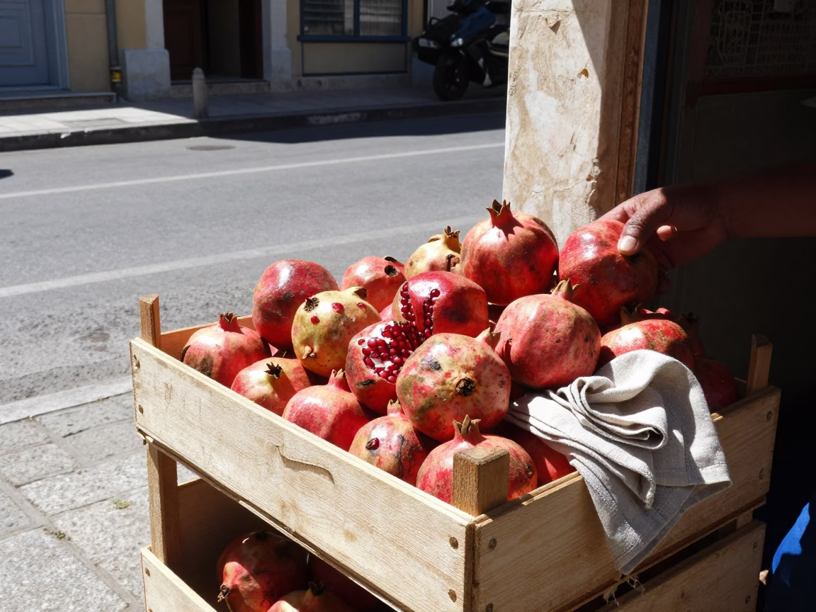 Sunlit Athens Street Scene with Pomegranate and Linen Napkin at Midday in in Athens, Greece