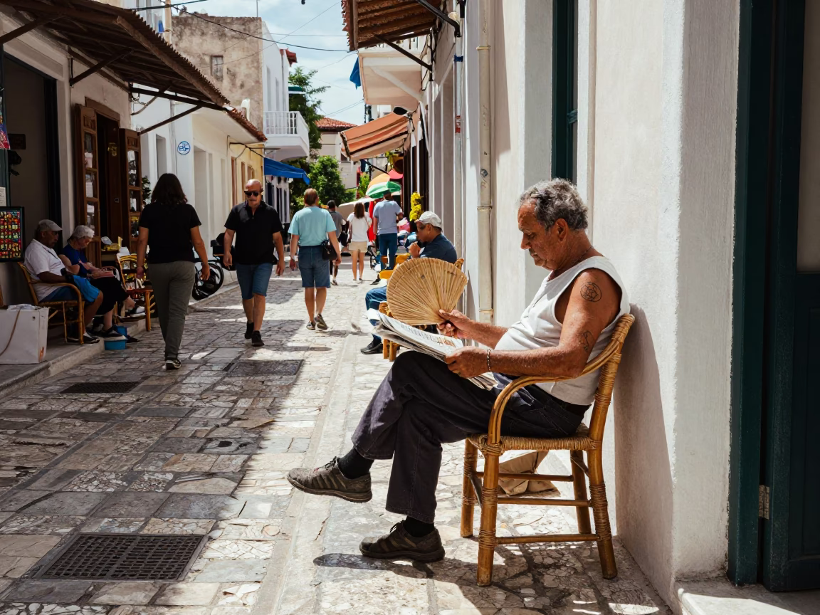 Sunlit Athens Street Scene with Rattan Chair and Tattoo Artist in Early Afternoon in in Athens, Greece