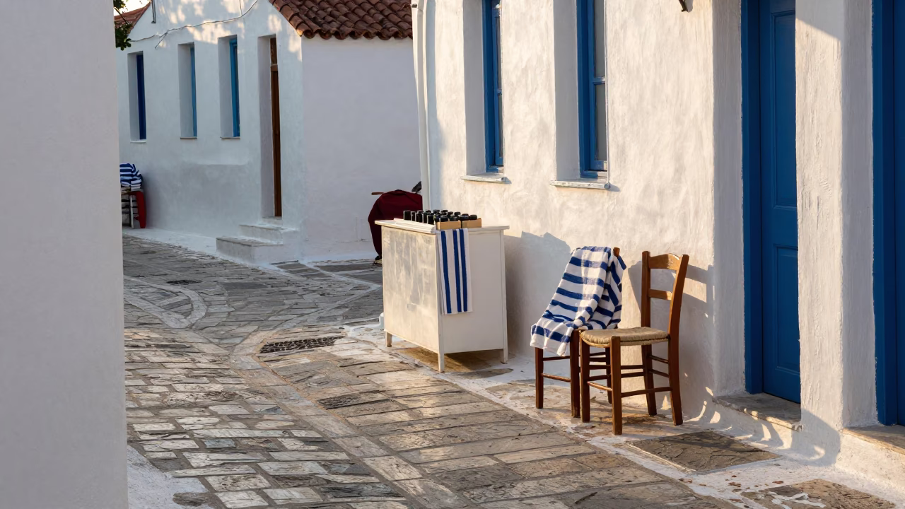 Sunlit Athens Street Scene with Striped Towel and Faded Shop Window Reflection in in Athens, Greece