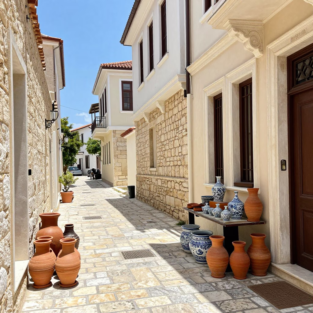 Sunlit Athens Street Scene with Terracotta Pots and Porcelain Jars in Bright Midmorning Light in in Athens, Greece