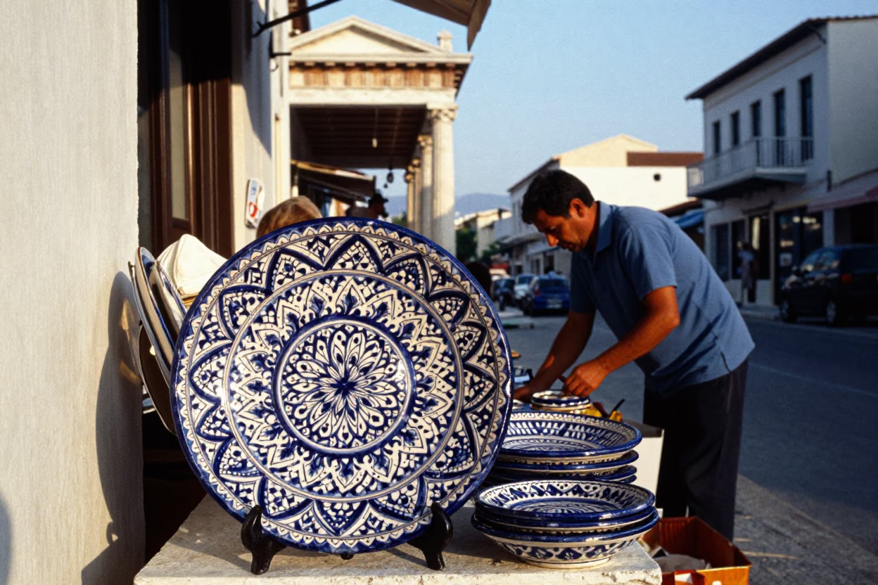 Sunlit Athens Street Scene with Vintage Majolica Plate and Twine Details in in Athens, Greece