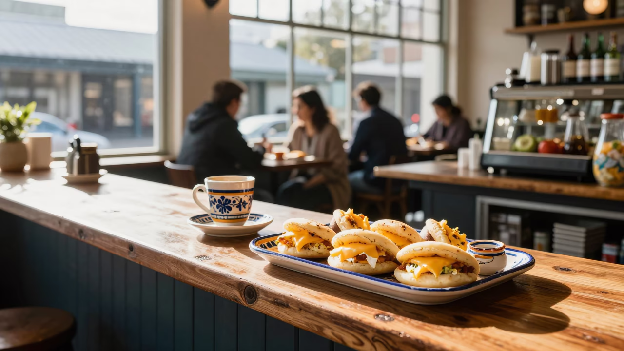 Sunlit Auckland Breakfast Counter with Arepas and Vintage Majolica Plate in in Auckland, New Zealand