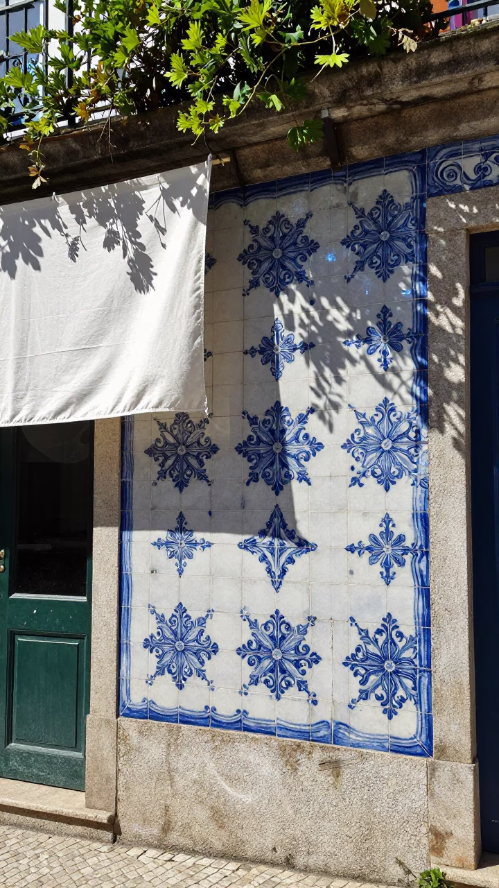 Sunlit Azulejo Detail in Porto with Hanging Linen and Greenery in in Porto, Portugal