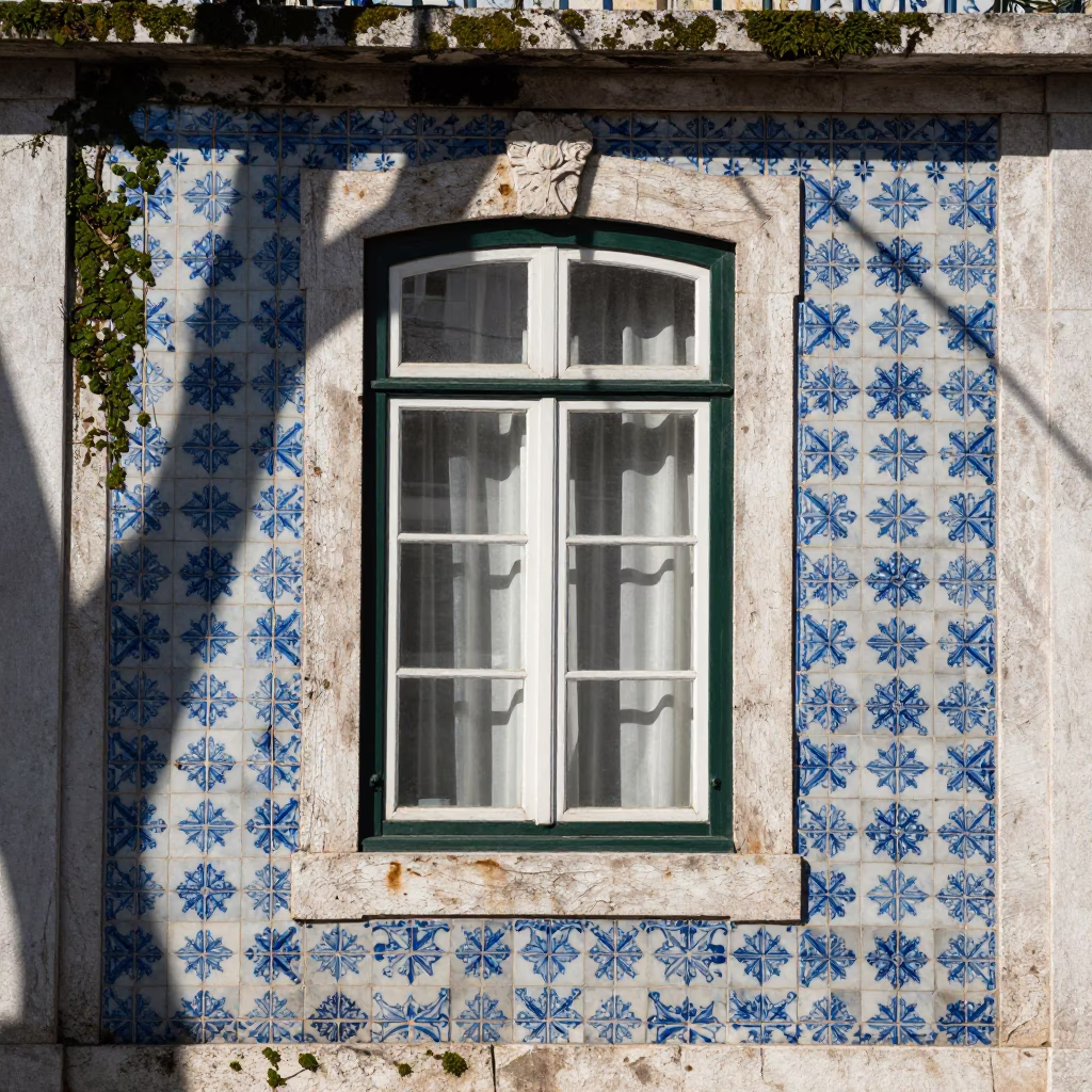 Sunlit Azulejo Tile Window and Mossy Stone Wall in Historic Lisbon Portugal Midday in in Lisbon, Portugal