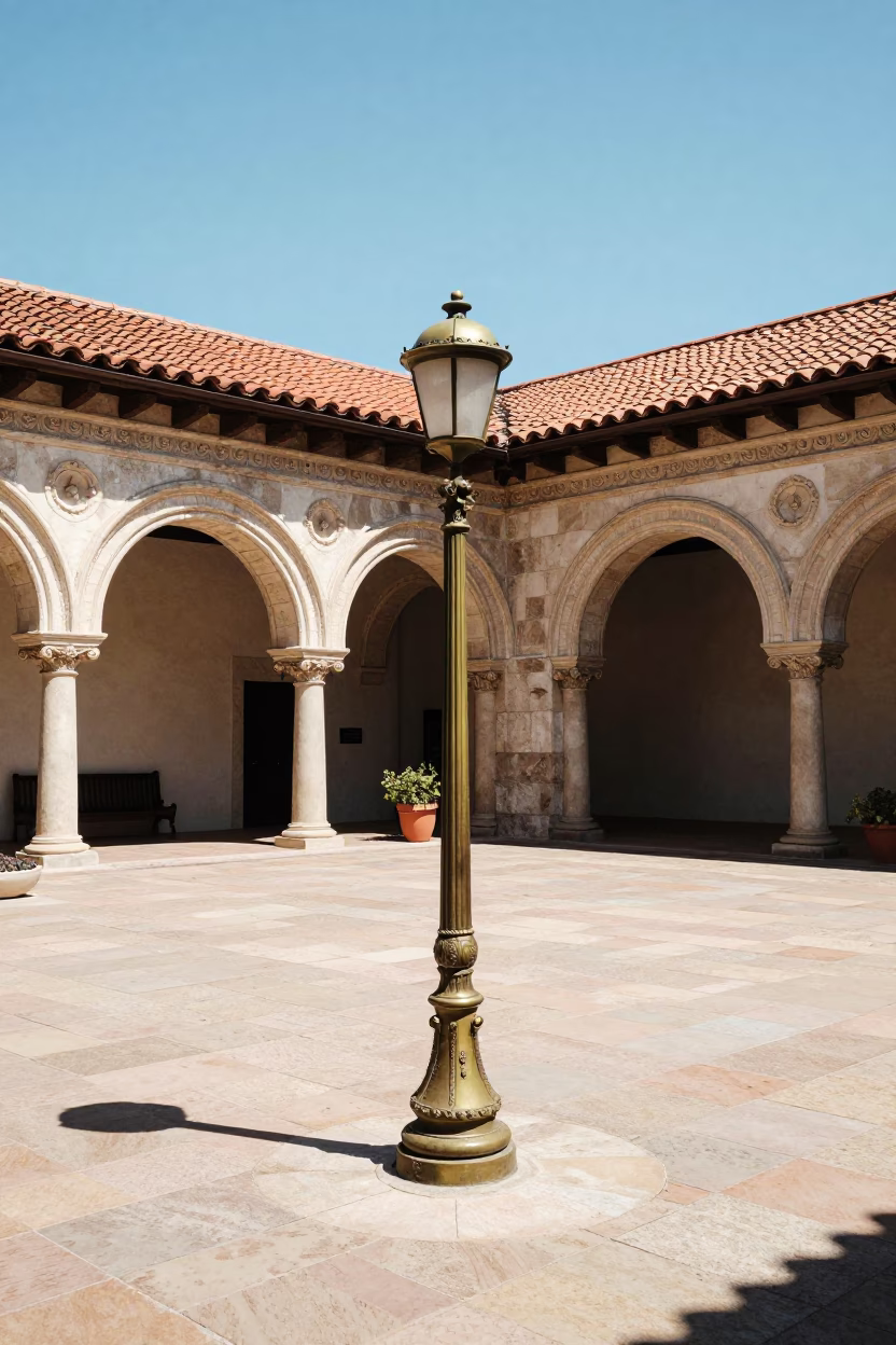 Sunlit Balboa Park Courtyard with Vintage Brass Fixture and Stone Architecture in San Diego in in San Diego, California, United States