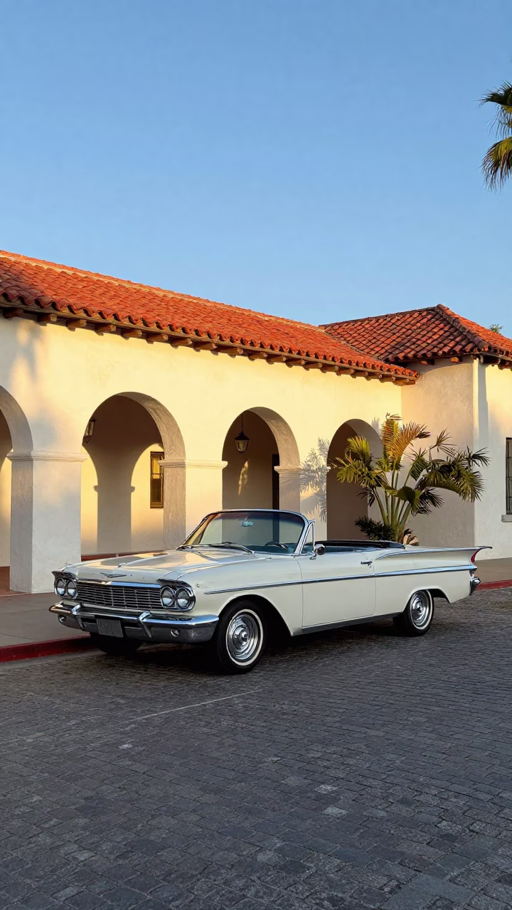 Sunlit Balboa Park Courtyard with Vintage Car and Greenery in San Diego in in San Diego, California, United States