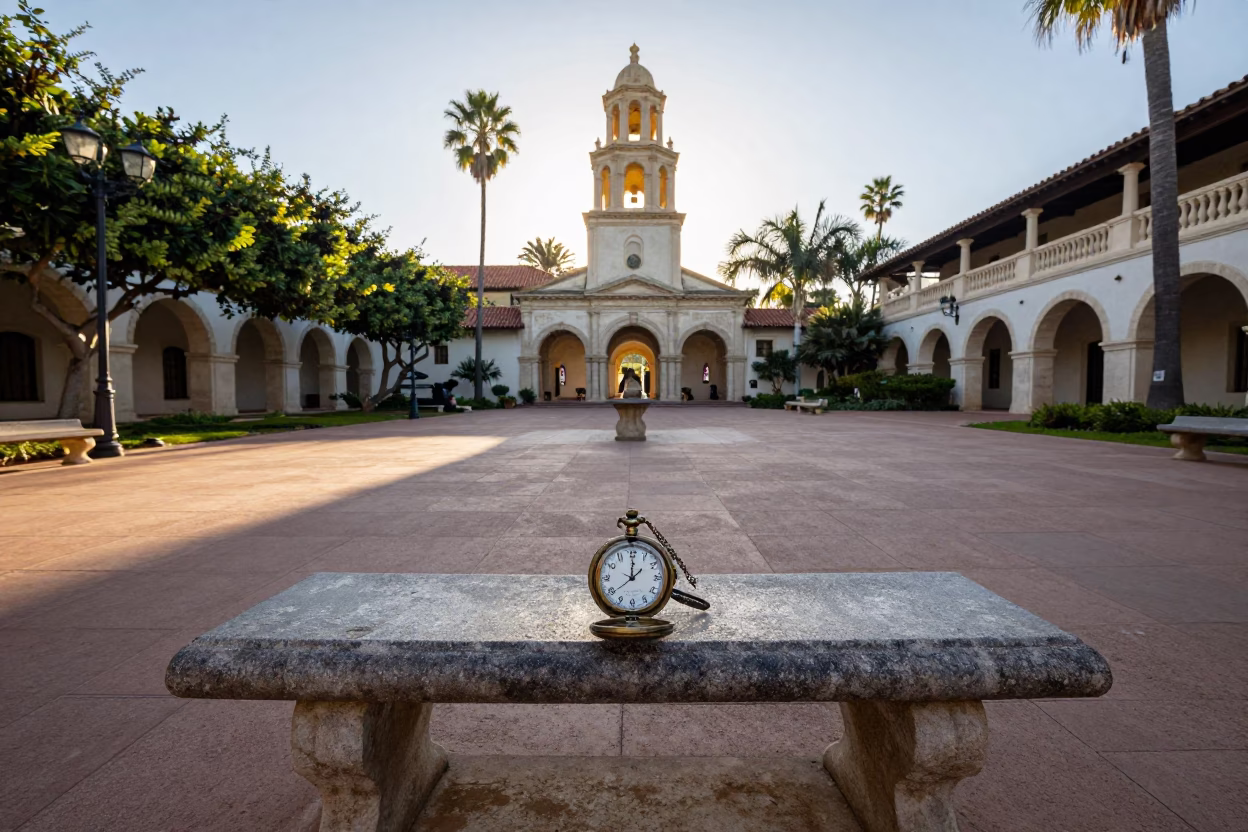 Sunlit Balboa Park Courtyard with Vintage Pocket Watch and Stone Details in Late Morning in in San Diego, California, United States