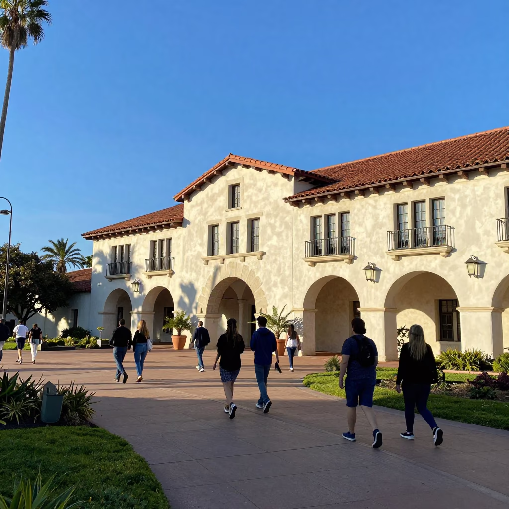 Sunlit Balboa Park Spanish Colonial Architecture and Visitor Scene in San Diego in in San Diego, California, United States