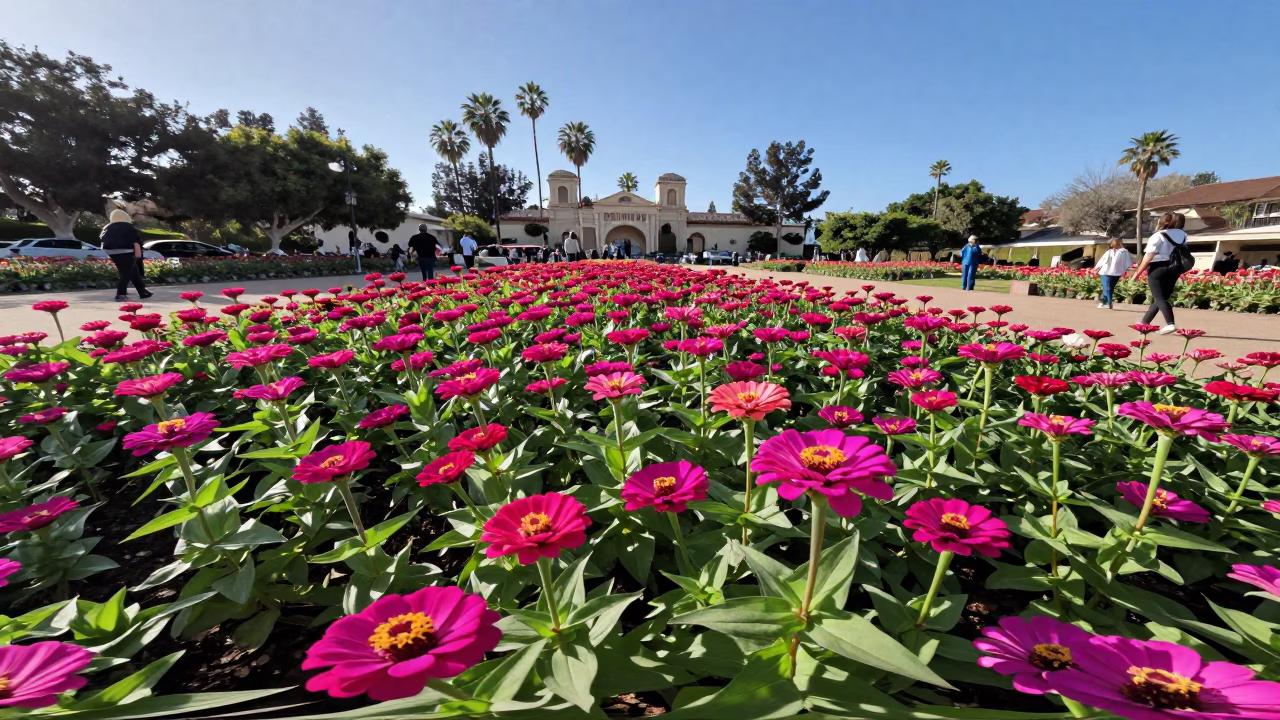 Sunlit Balboa Park Zinnia Garden with Visitors in Early Afternoon San Diego in in San Diego, California, United States