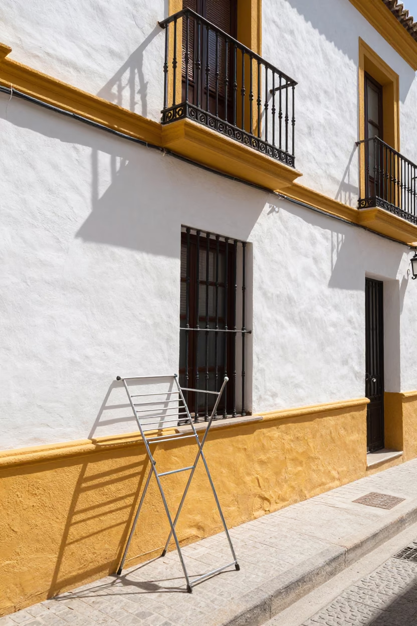 Sunlit Balcony in Seville at The Flat Glare Of Noon Light in in Seville, Spain