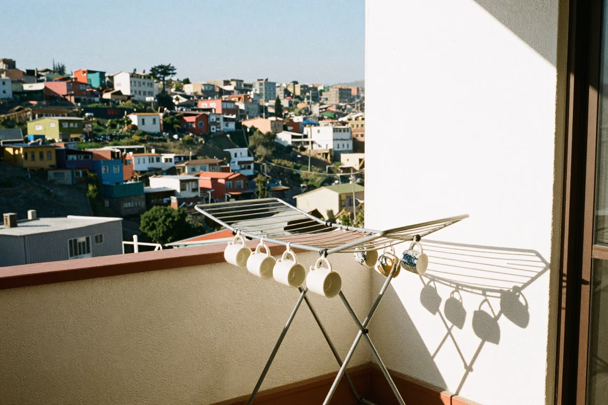 Sunlit Balcony in Valparaiso Chile with Drying Rack and Ceramic Mugs in in Valparaiso, Chile