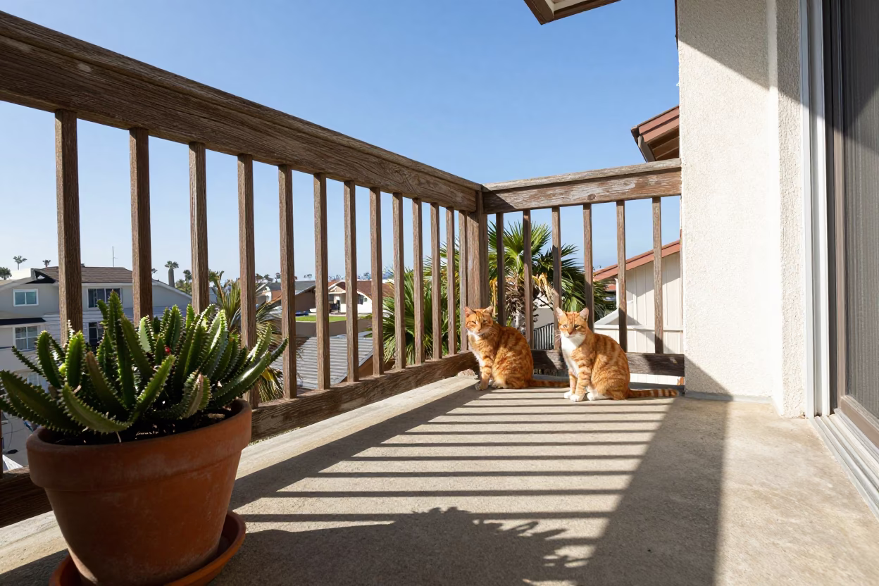 Sunlit Balcony Scene With Orange Cat And Potted Succulents In San Diego in in San Diego, California, United States