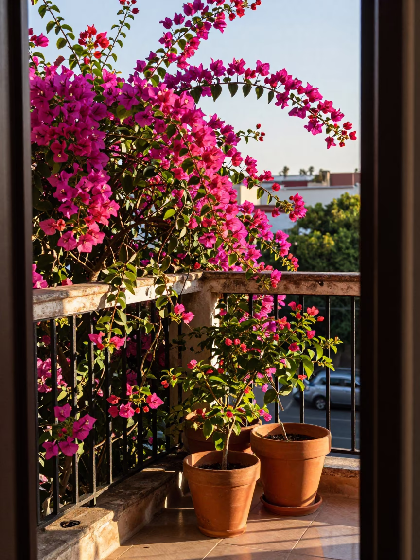 Sunlit Balcony with Bougainvillea and Terracotta Pots in Buenos Aires in in Buenos Aires, Argentina