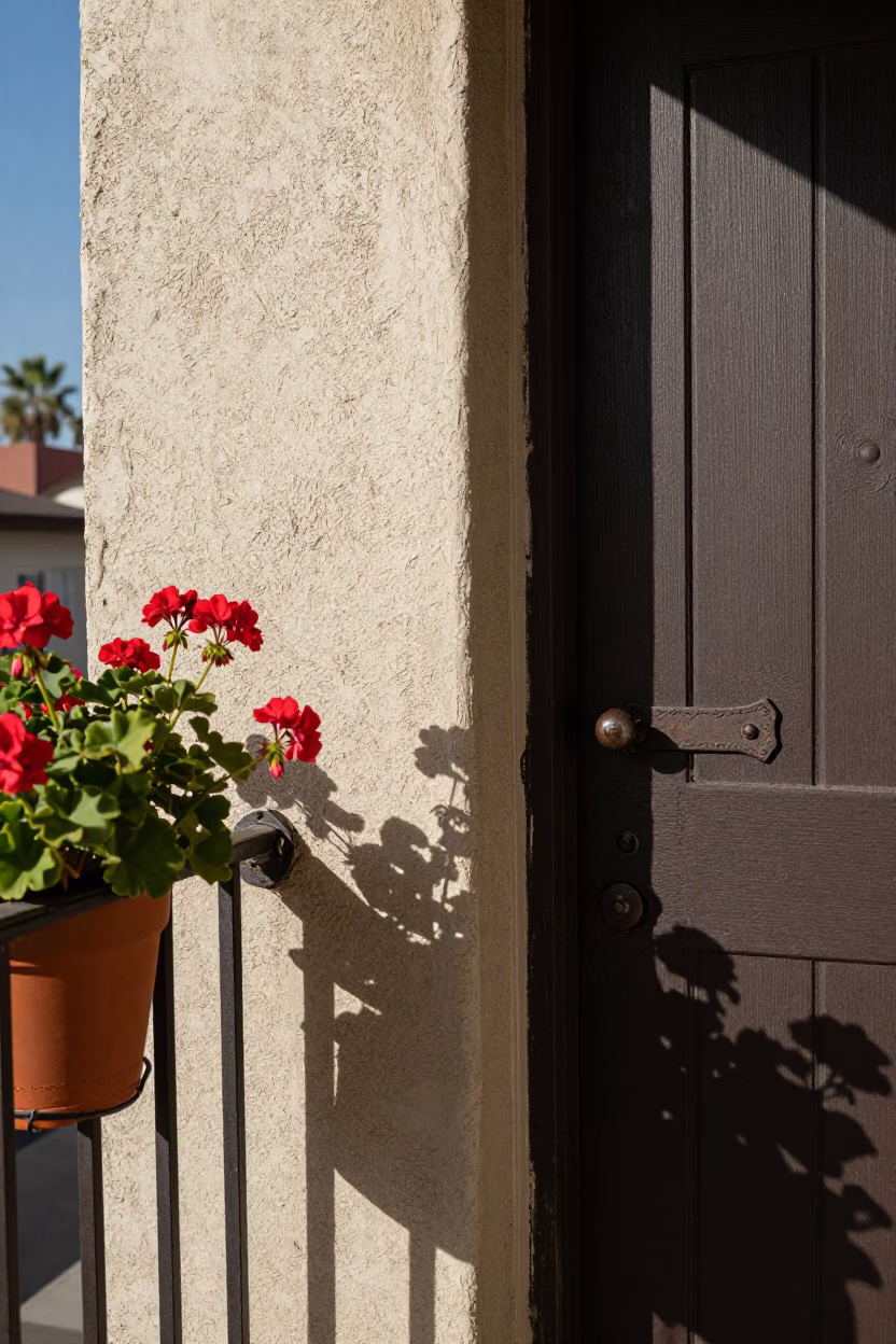 Sunlit Balcony with Geraniums and Iron Deadbolt in San Diego Afternoon in in San Diego, California, United States