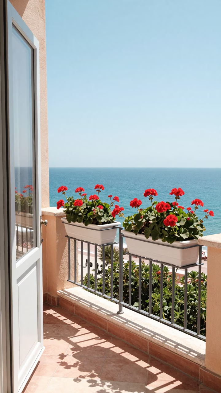 Sunlit balcony with window boxes overlooking Nice France at noon in in Nice, France