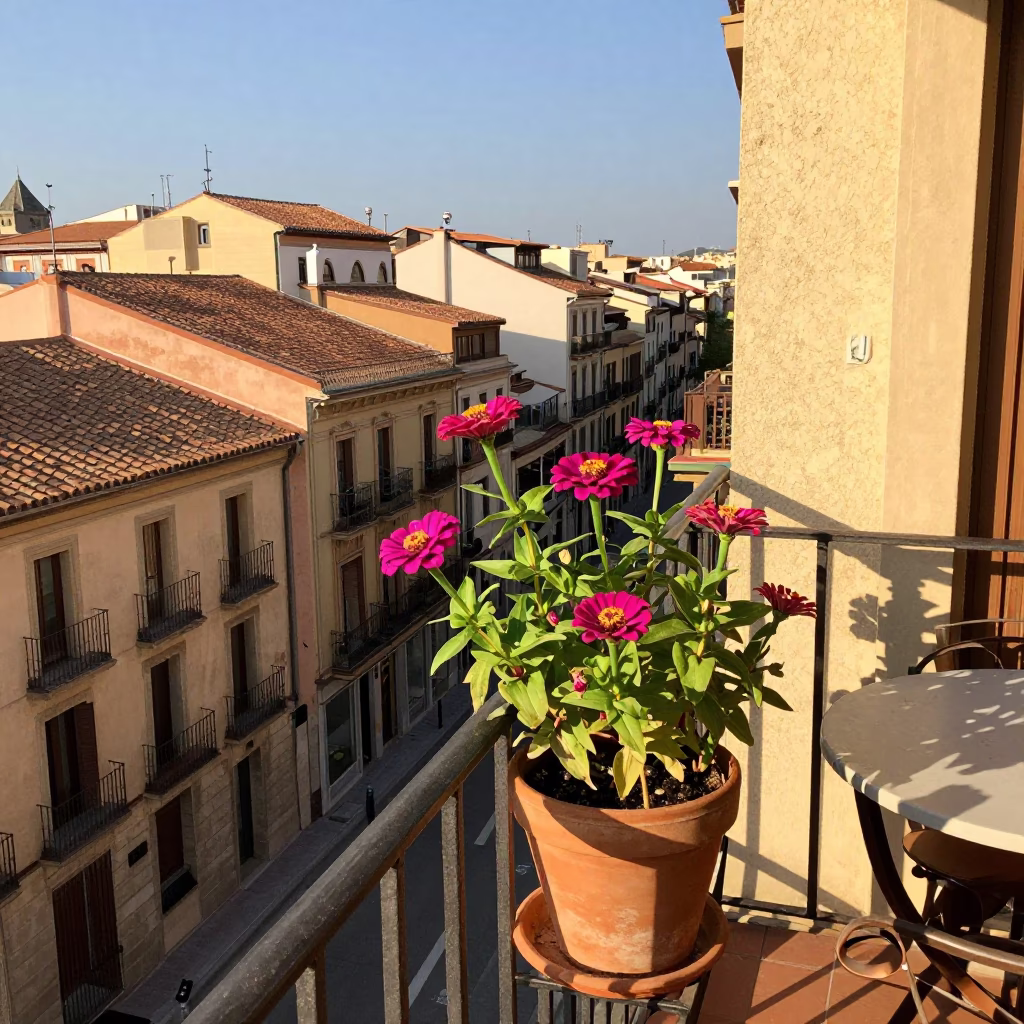 Sunlit Barcelona Balcony with Zinnias and Outdoor Dining Setup in Early Afternoon in in Barcelona, Spain