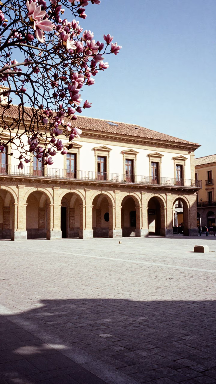 Sunlit Barcelona Plaza with Magnolia Bloom and Traditional Architecture in in Barcelona, Spain
