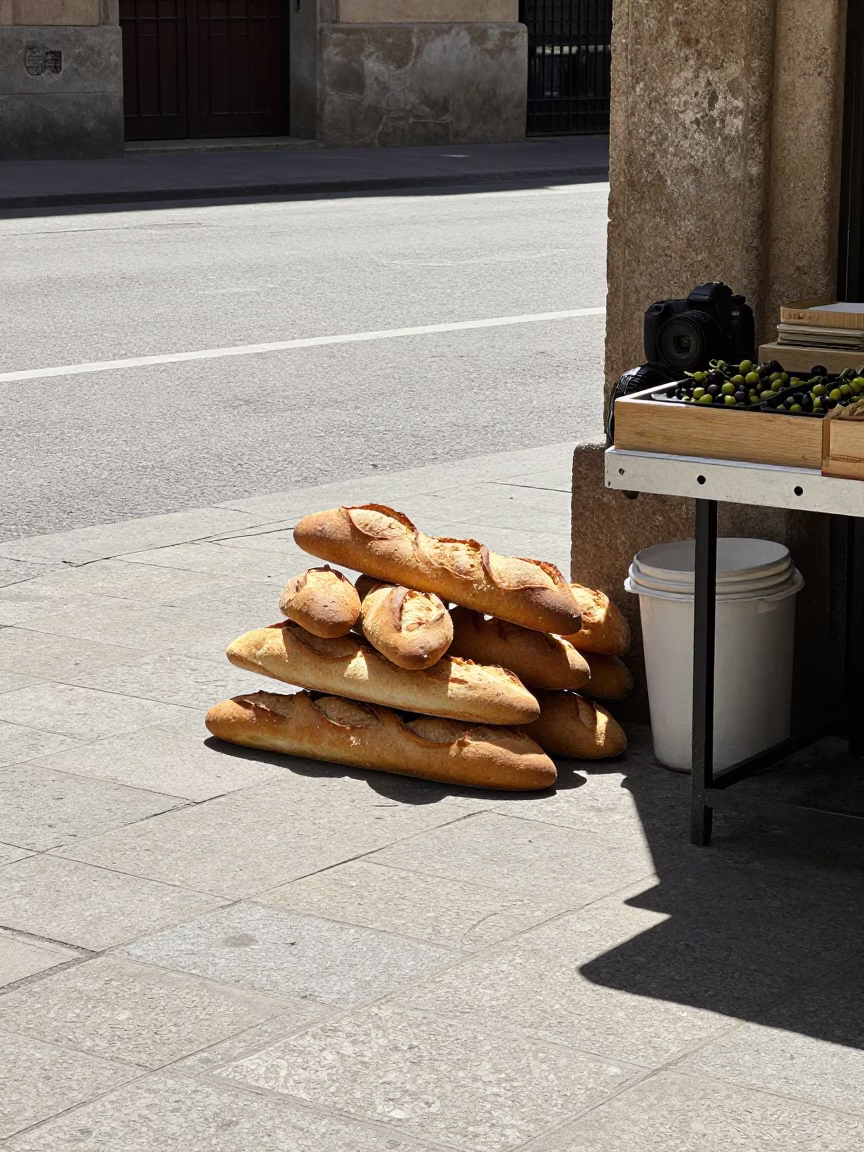 Sunlit Barcelona Street Corner with Bread Loaves and Olive Dish in in Barcelona, Spain