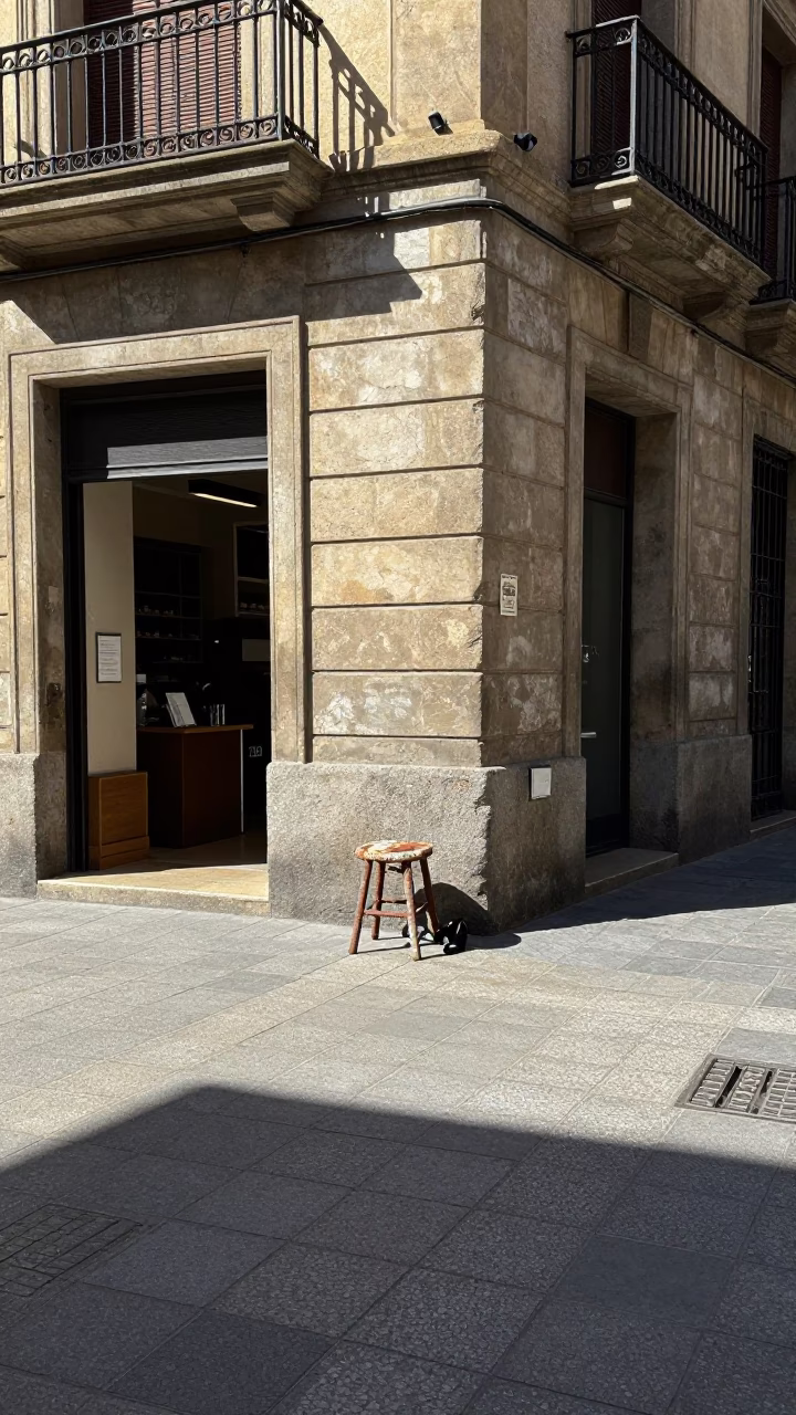 Sunlit Barcelona Street Corner with Rusty Stool and Shoe Brush Near Historic Architecture in in Barcelona, Spain