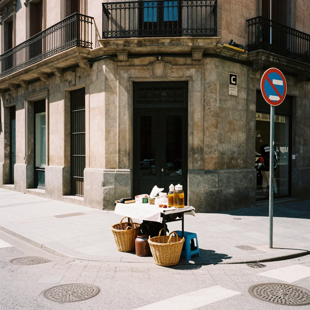 Sunlit Barcelona Street Corner with Wicker Basket and Jar in Noon Light in in Barcelona, Spain